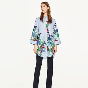 Zara Floral Stripe Button-Down Tunic Shirt - Blue Multi